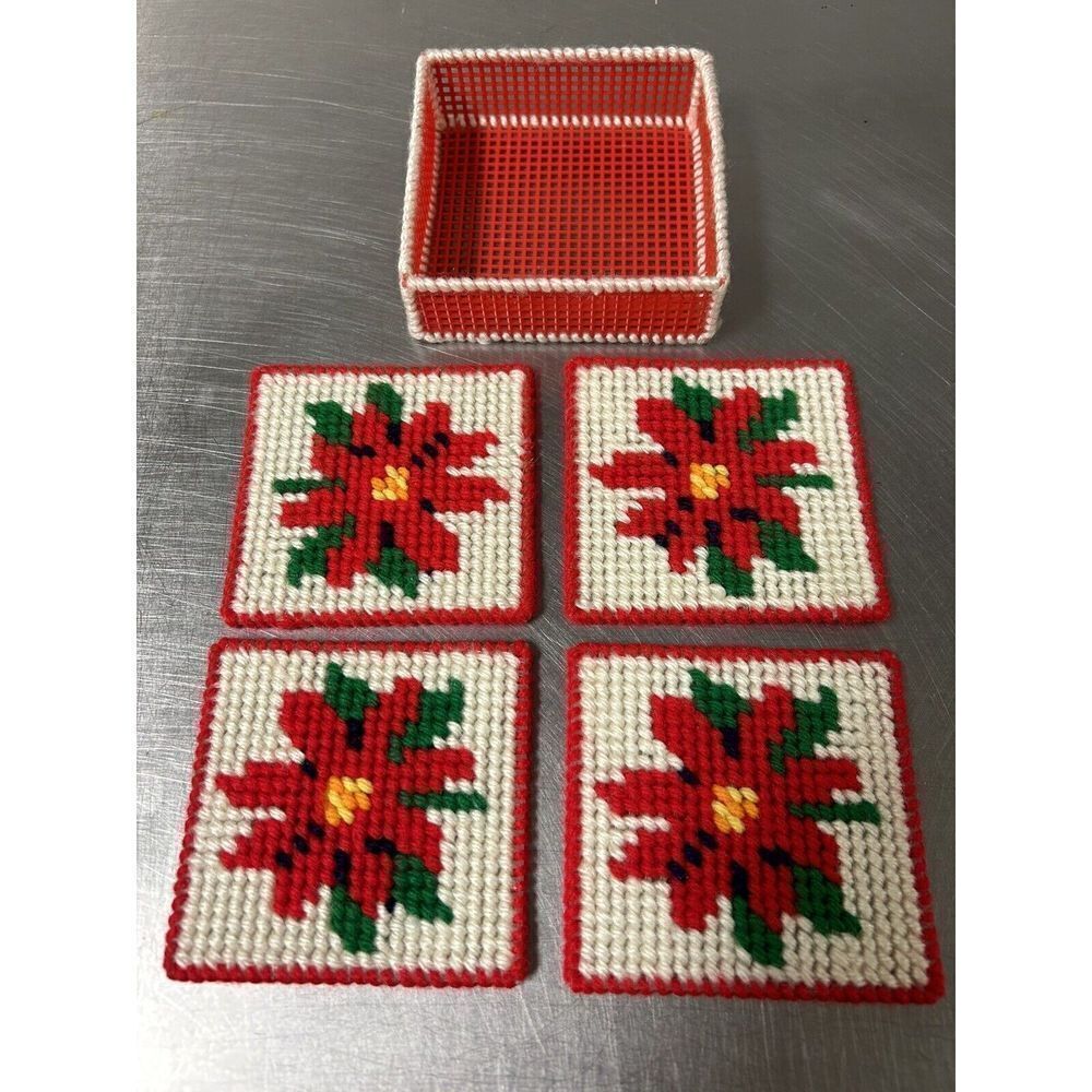 Handmade Plastic Canvas Coaster Set Of 4 Poinsettia Coasters